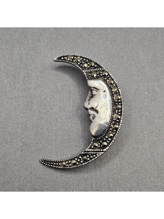 FAS Jewelry - Vintage Sterling Silver Marcasite Moon Brooch Man In The Moon Face Signed FAS
